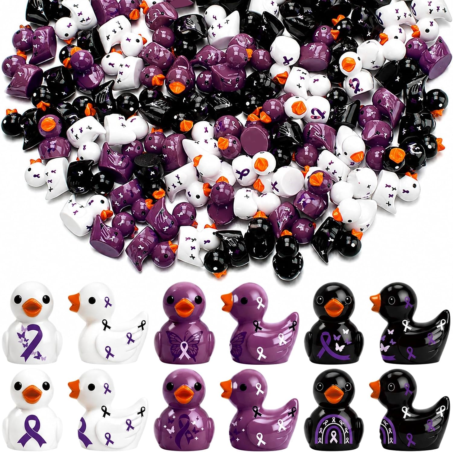 Aldernest 120 Pcs Domestic Violence Awareness Mini Resin Ducks Bulk, 8 ounces, Peuple, White and Black