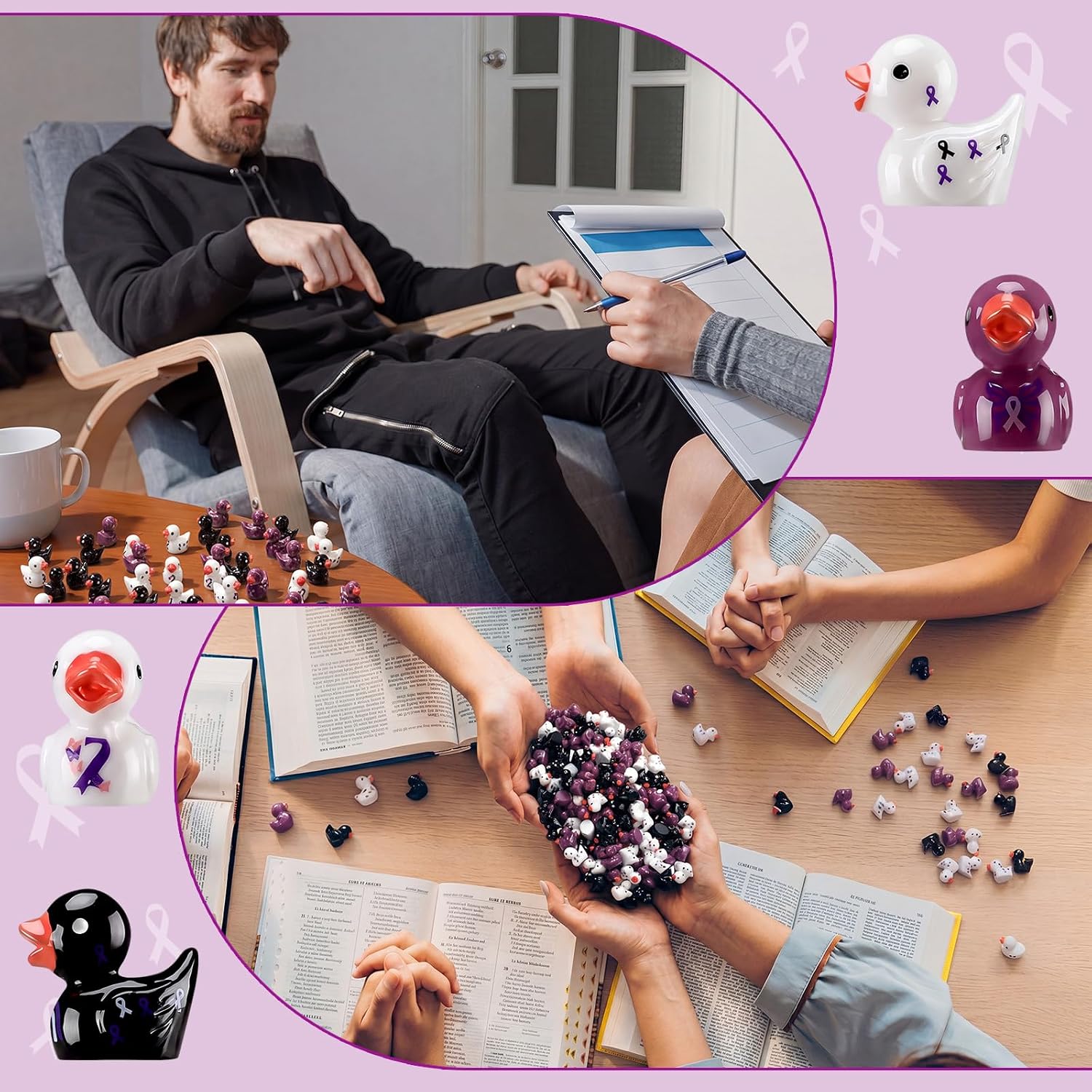 Aldernest 120 Pcs Domestic Violence Awareness Mini Resin Ducks Bulk, 8 ounces, Peuple, White and Black