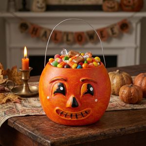 Aldernest 5.5 x 6 Vintage Halloween Bucket Retro Bucket Vase Decoration, 1.2 pounds, Spooky Pumpkin