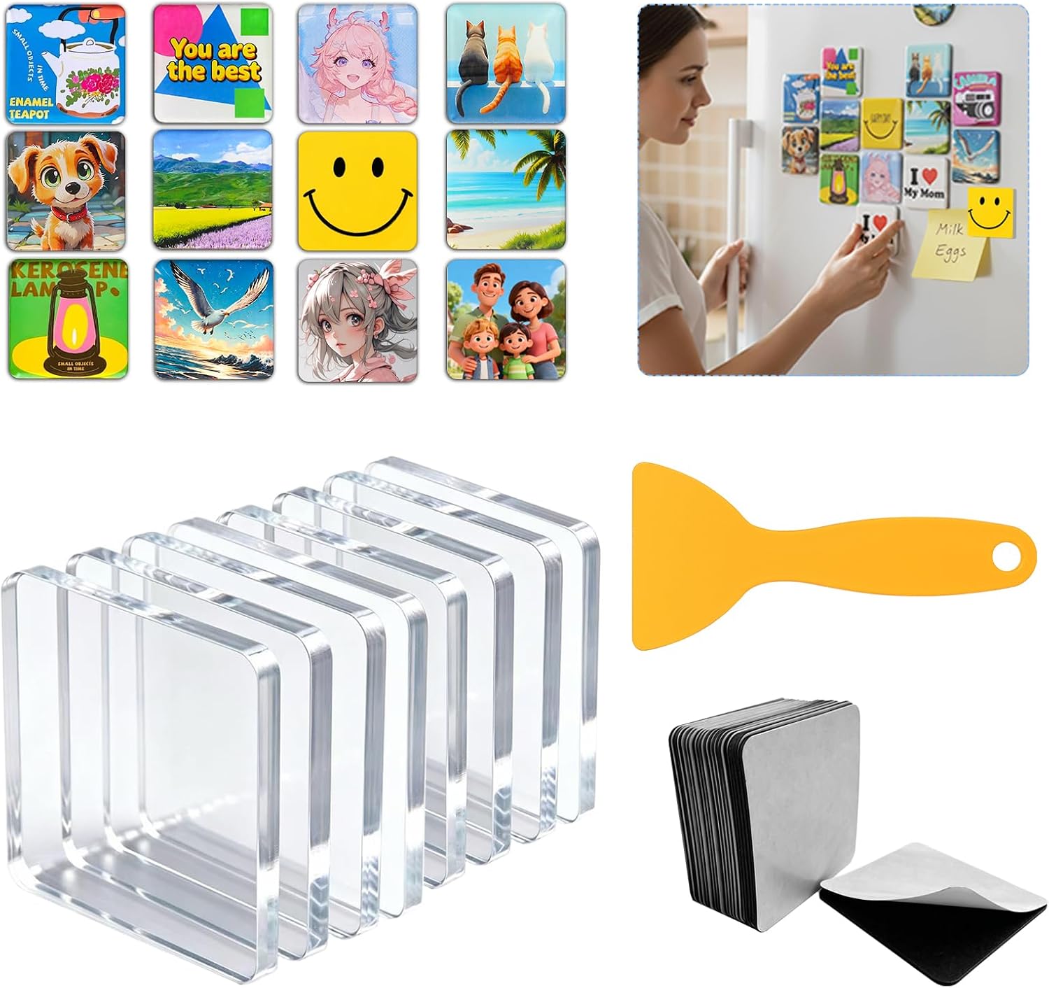 Aldernest 25 DIY Fridge Magnet Kit, Thickened 2" Square Clear Acrylic with Adhesive