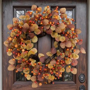 Tanglewick 24" Eucalyptus Fall Wreaths Front Door with Orange/Burgundy Leaves & Berry, 1.4 pounds, Orange/Yellow/Burgundy