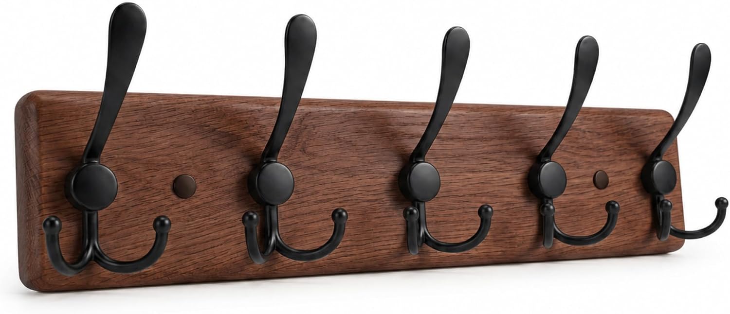 Copperlyn Solid Oak Rustic Coat Rack Wall Mount with 5 Hooks, 17 Inch, Walnut Brown/Black Hook