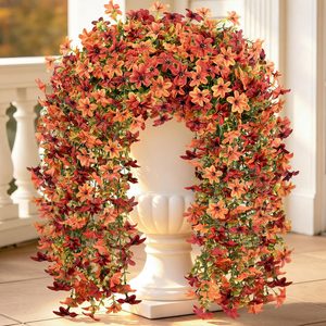 Aldernest 6 Pcs Artificial Hanging Mums for Outdoors, UV Resistant Fake Fall Flowers, Red Orange