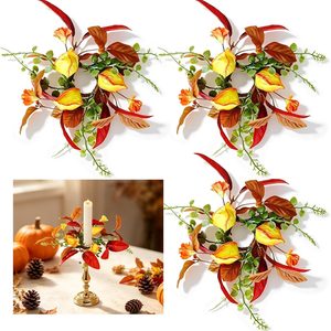 Birchmont 4 PCS Fall Taper Candle Rings 1.38" Mini Artificial Autumn Flower Taper Candle Holder Wreaths with Floar Eucalyptus Thanksgiving Harvest