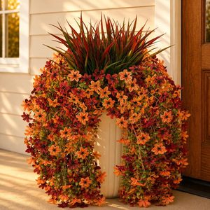 Aldernest 8 Pcs Artificial Fall Flowers for Outdoors, UV Resistant Fake Hanging Mums, Red Orange+red Grass