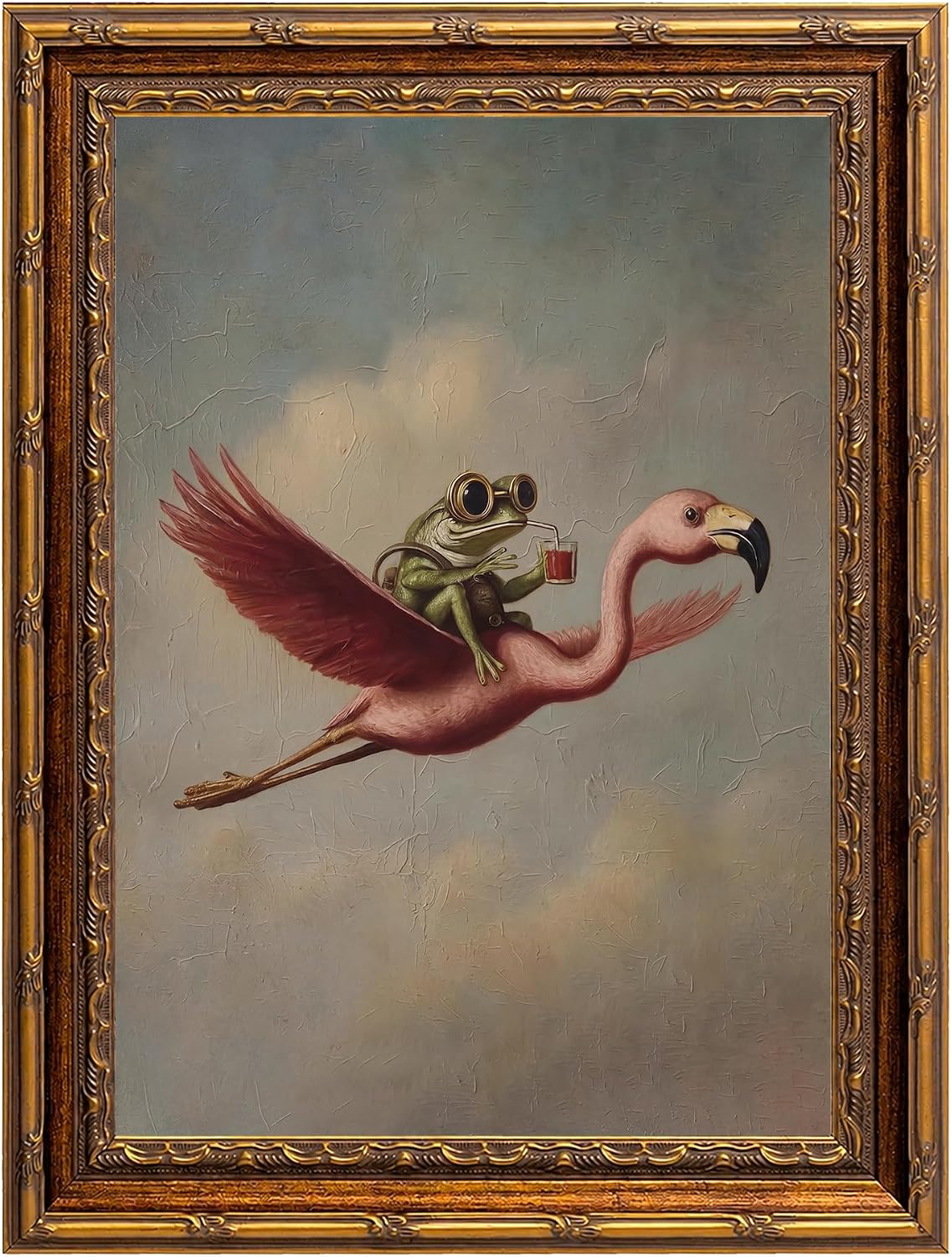 Aldernest Vintage Gold Framed Whimsical Frog Riding Flamingo Canvas Wall Art, 2.86 g, 8"L x 10"W, FrogFlamingo