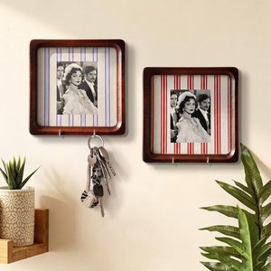 Aldernest 2 Pack Picture Frame Key Holder, Striped Style, Walnut Color