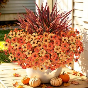Aldernest 15 Pcs Artificial Fall Flowers for Outdoors, UV Resistant Fake Mums&Plants, Yellow Orange