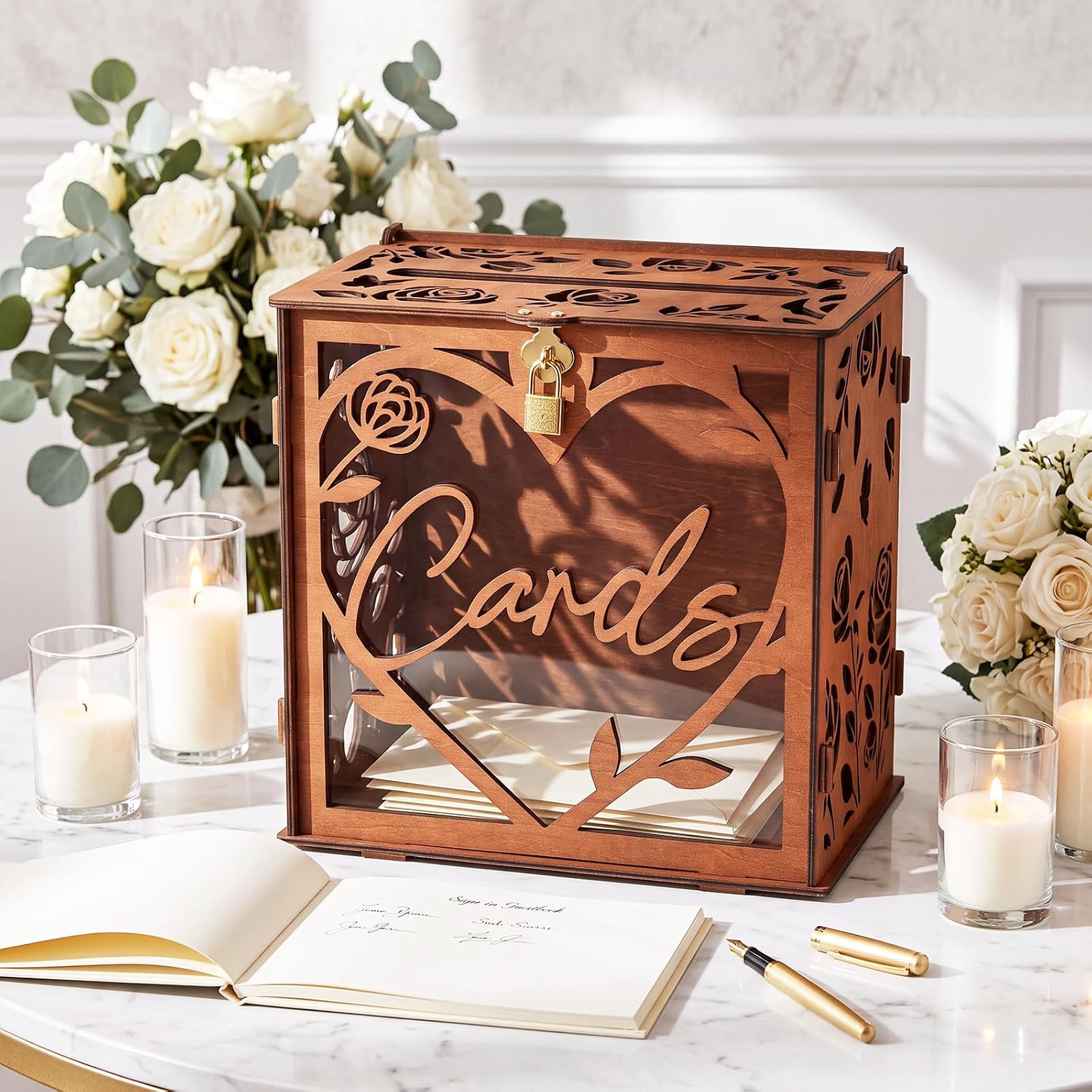 Aldernest 10" x 10" Wooden Wedding Card Box with Lock for Reception, Brown