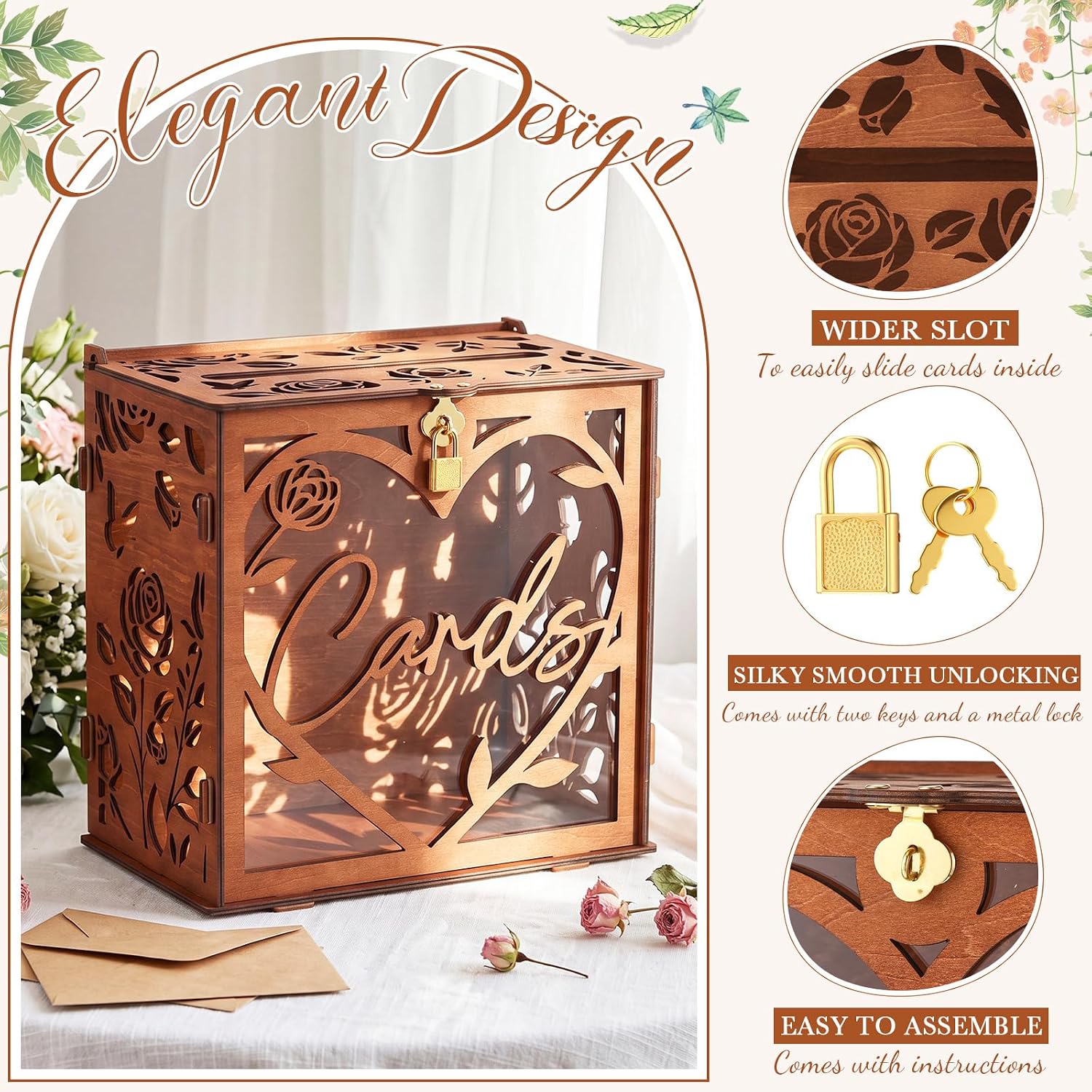 Aldernest 10" x 10" Wooden Wedding Card Box with Lock for Reception, Brown