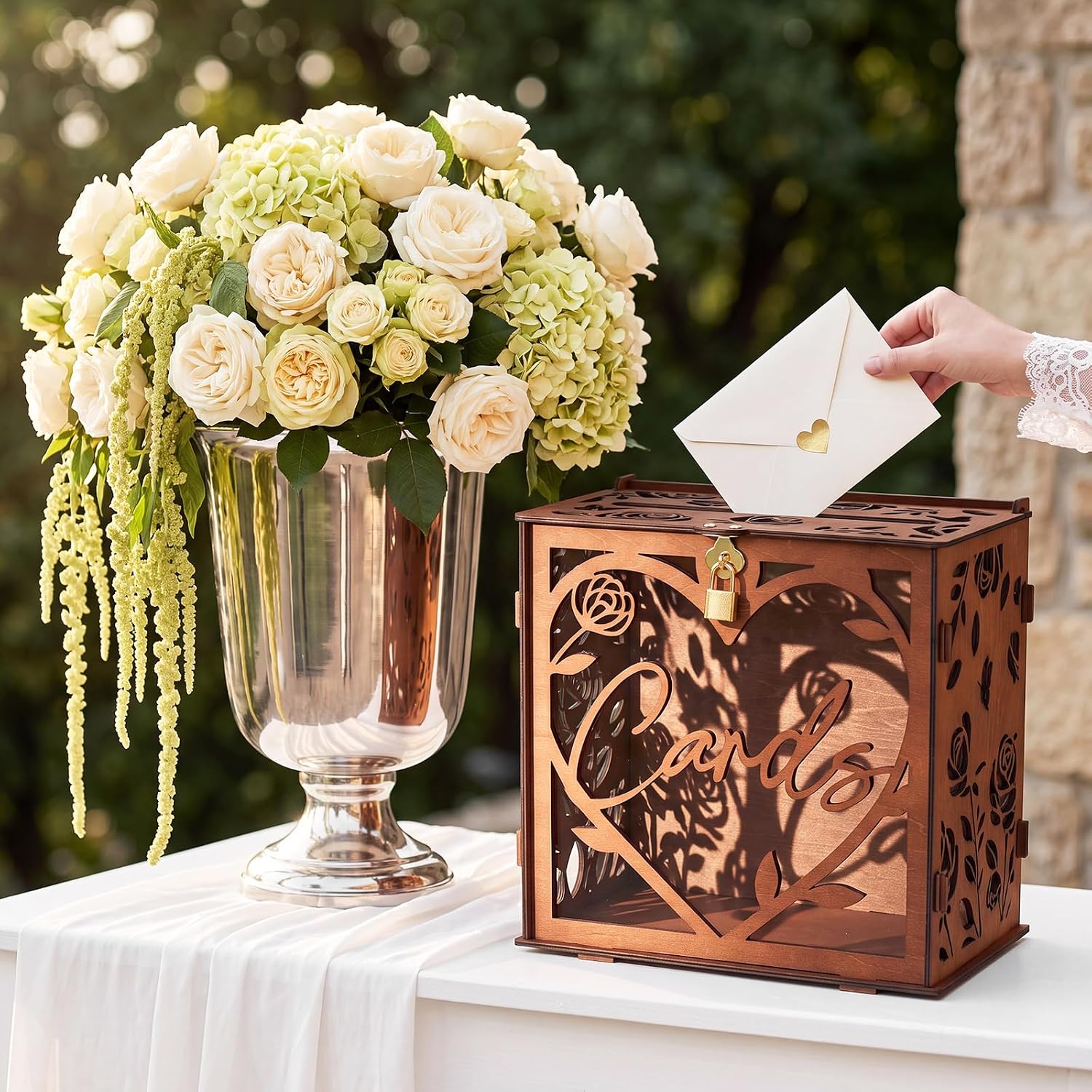Aldernest 10" x 10" Wooden Wedding Card Box with Lock for Reception, Brown