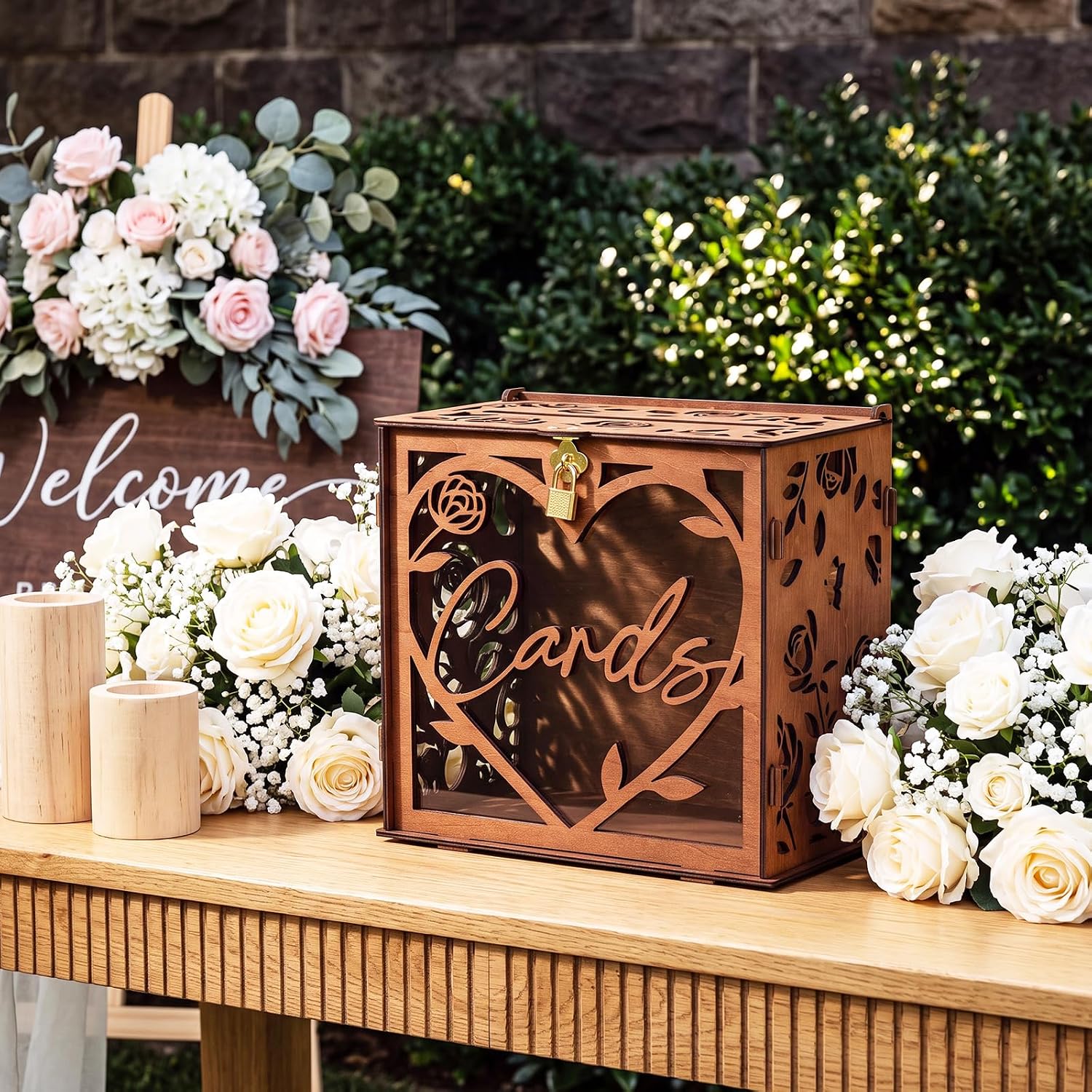Aldernest 10" x 10" Wooden Wedding Card Box with Lock for Reception, Brown