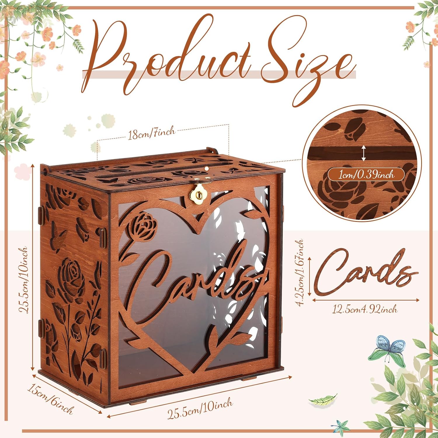Aldernest 10" x 10" Wooden Wedding Card Box with Lock for Reception, Brown