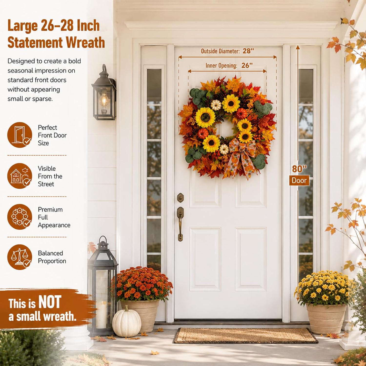 Birchmont Fall Wreath for Front Door, 28inch Sunflower Harvest Wreath with Pumpkins, Yellow