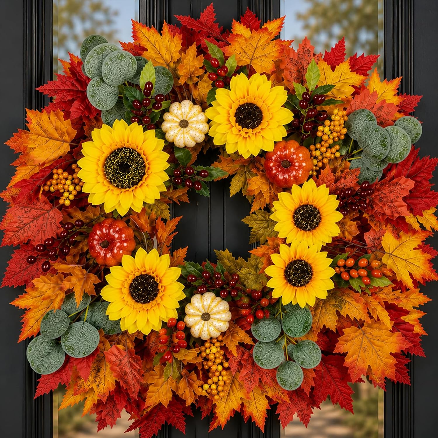 Birchmont Fall Wreath for Front Door, 28inch Sunflower Harvest Wreath with Pumpkins, Yellow