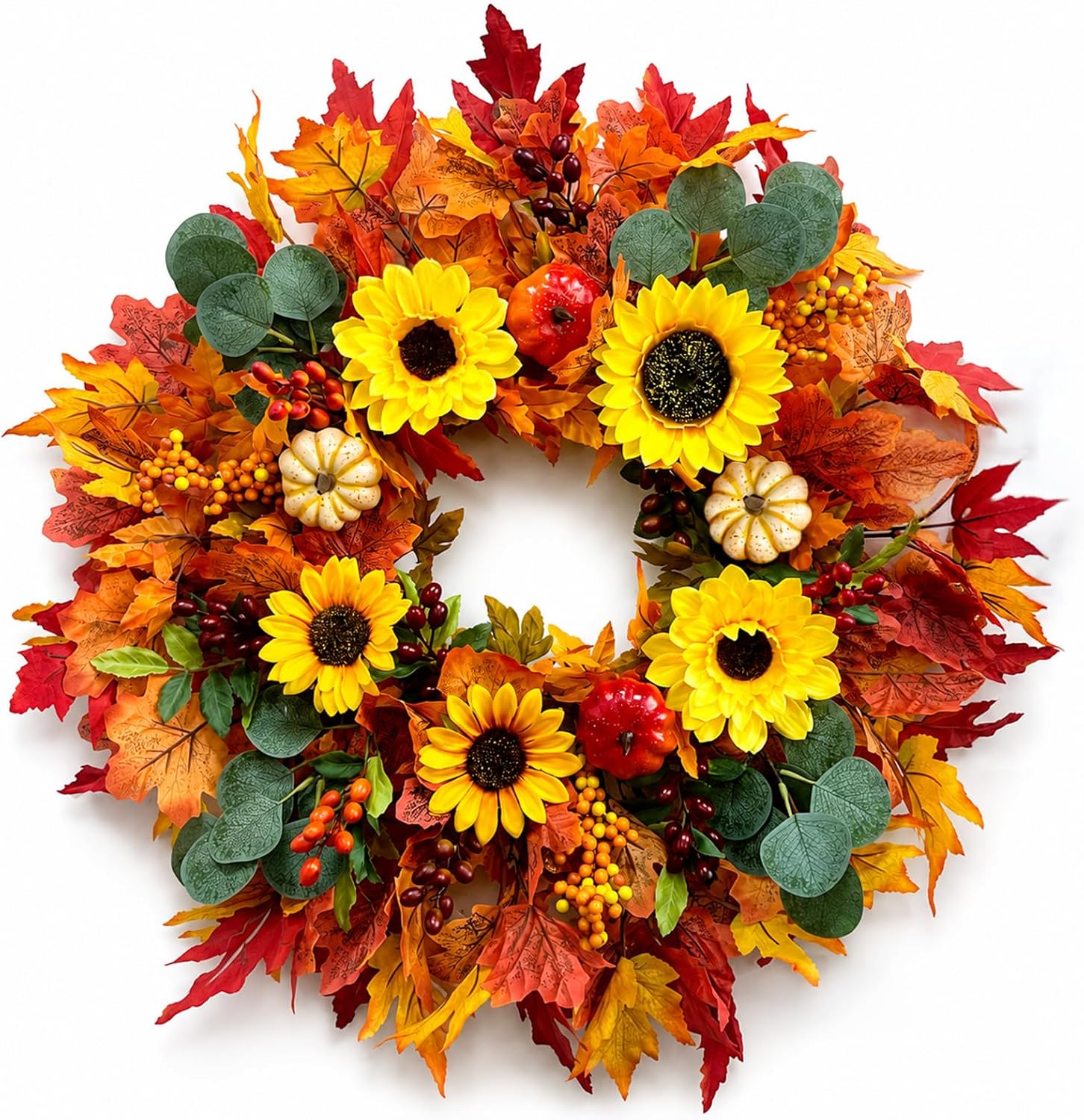 Birchmont Fall Wreath for Front Door, 28inch Sunflower Harvest Wreath with Pumpkins, Yellow