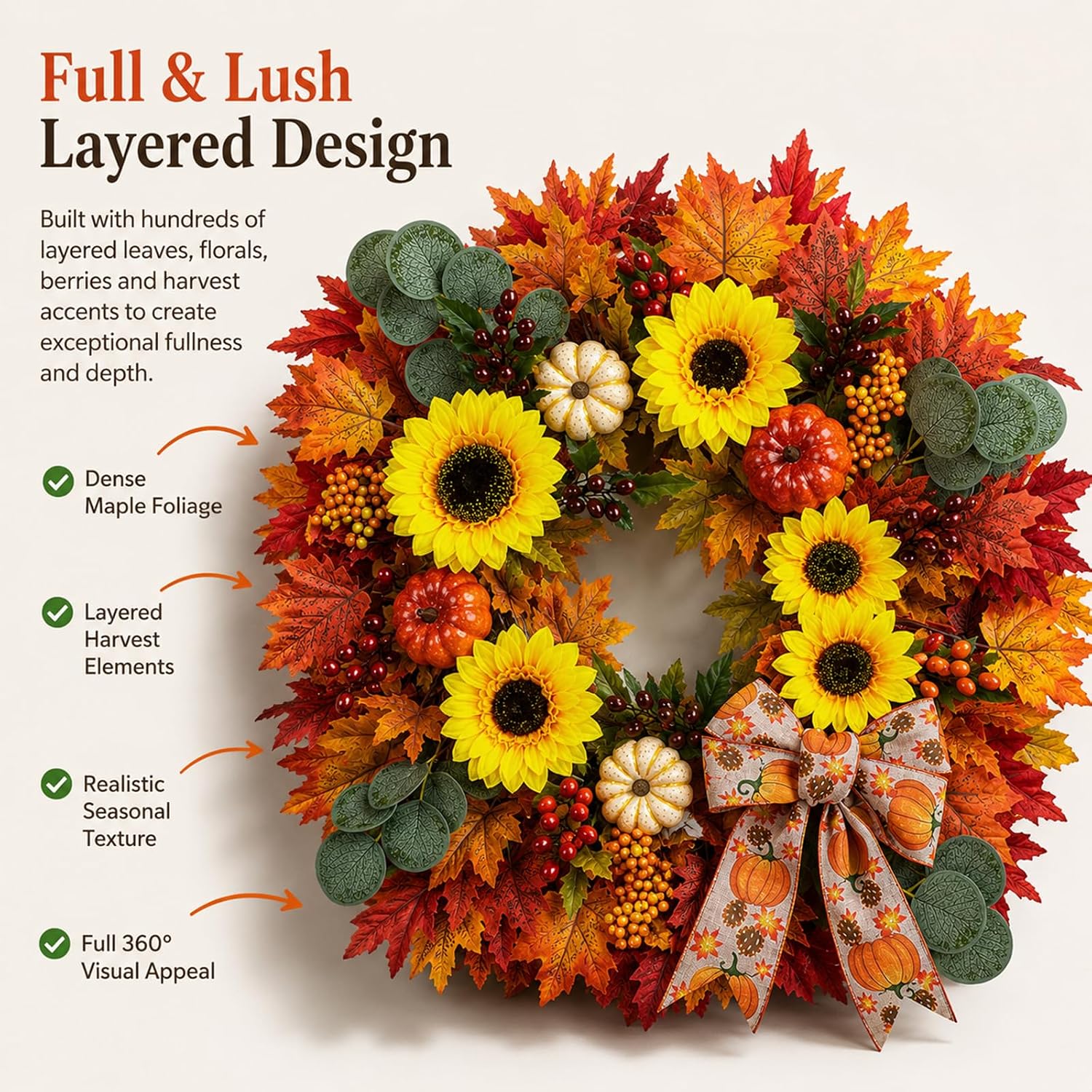Birchmont Fall Wreath for Front Door, 28inch Sunflower Harvest Wreath with Pumpkins, Yellow