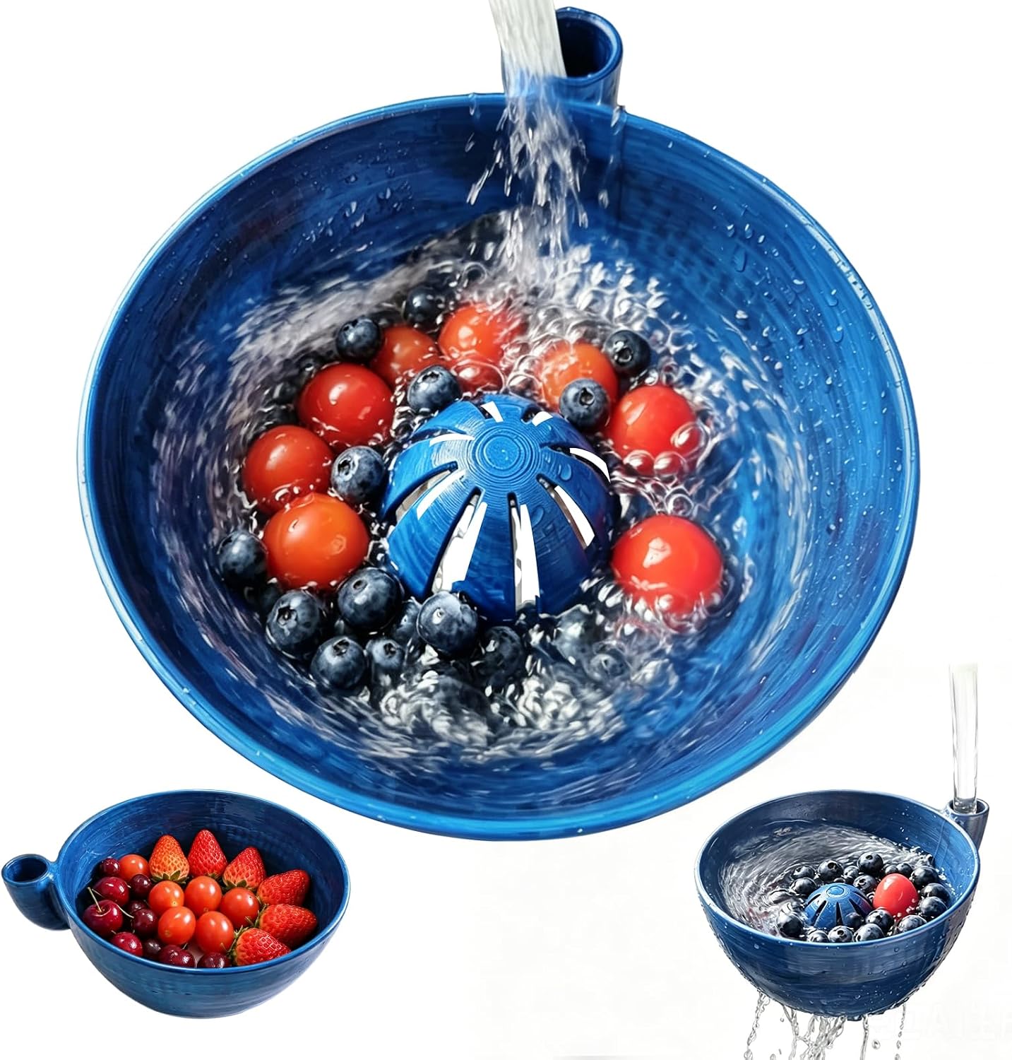 Aldernest Self Spinning Berry Washing Bowl, 3D Printed Craftsmanship Fruit Washer with Drain Holes, 6.6*5.9*3.27 in, Blue
