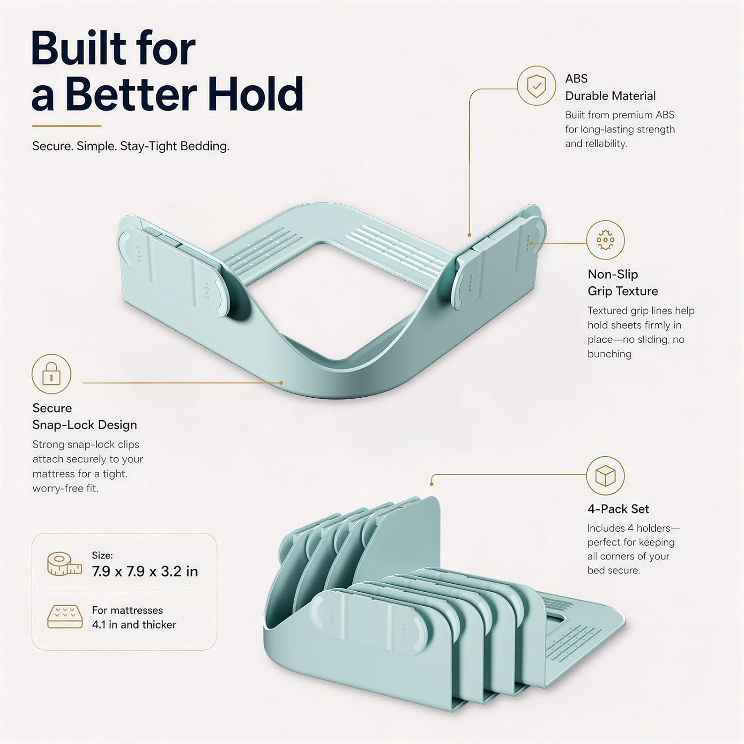Ashenby Bed Sheet Holders for Corners:Non-Stretch Fitted Sheet Grippers, 1.74 pounds