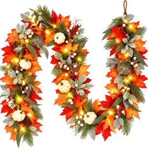 Aldernest 6ft Fall Garland with Lights for Mantel, 20 LED, Maple Leaves, Green & Yellow