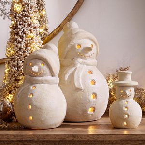 Tanglewick 3 Pcs Terracotta Christmas Snowman Figurines Rustic LED Lighted, 3.5 pounds, Natural Clay Color