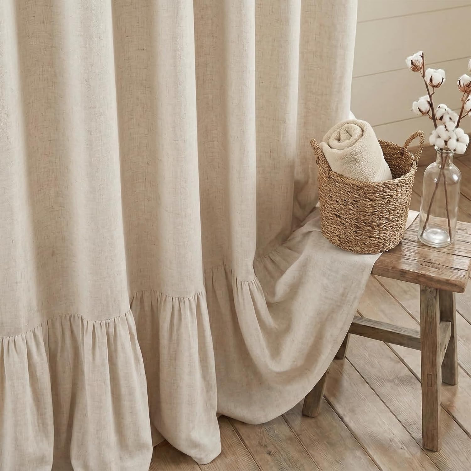 Aldernest Farmhouse Boho Ruffle Hem Shower Curtain, 72 x 72 Inches, Natural Linen, 16 ounces, Beige