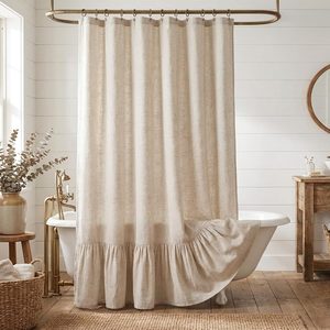 Aldernest Farmhouse Boho Ruffle Hem Shower Curtain, 72 x 72 Inches, Natural Linen, 16 ounces, Beige