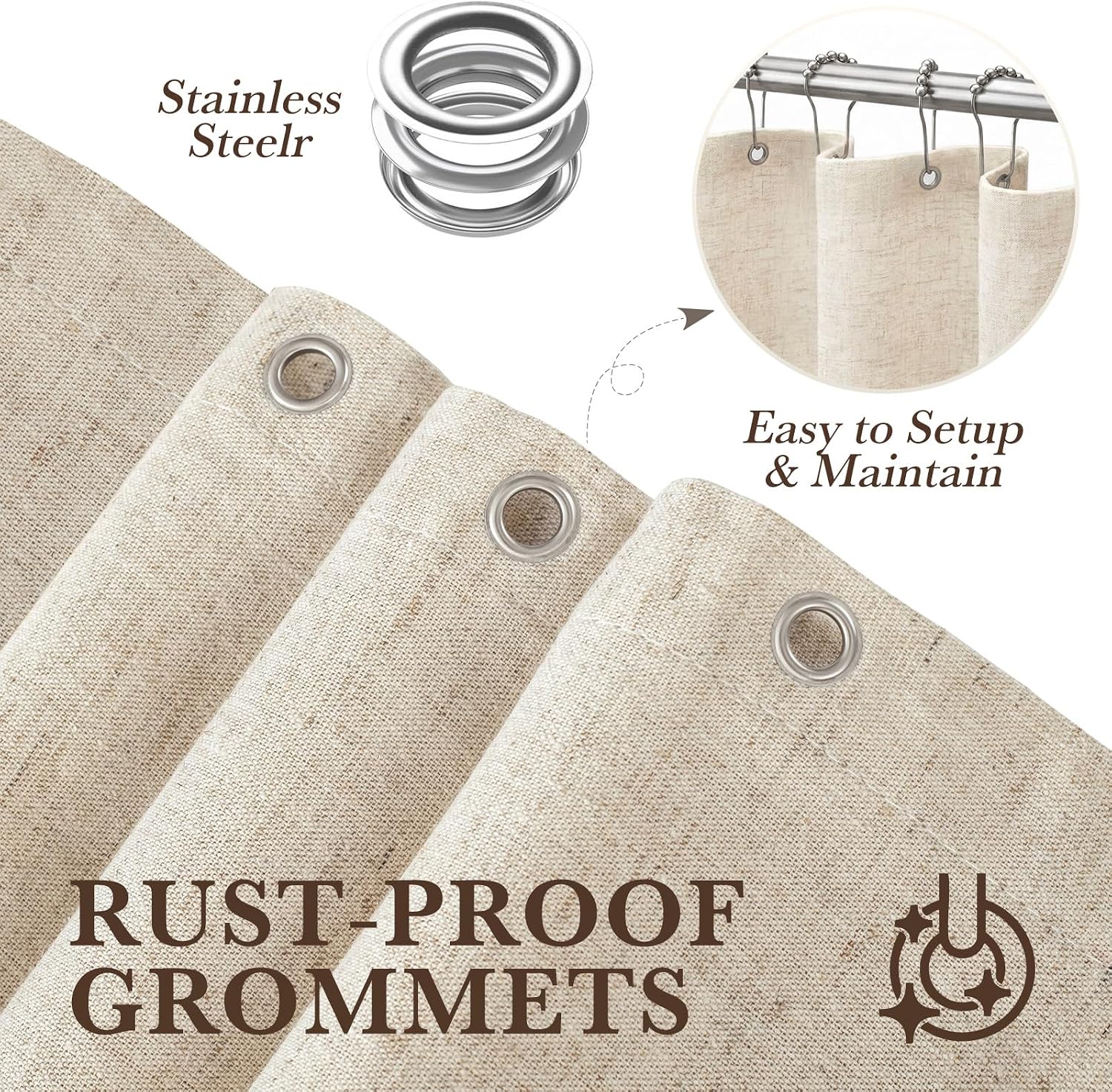 Aldernest Farmhouse Boho Ruffle Hem Shower Curtain, 72 x 72 Inches, Natural Linen, 16 ounces, Beige
