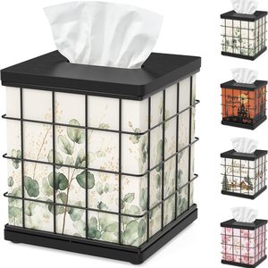 Aldernest Tissue Box Cover Square Oak Wood & Metal, 4 Seasonal Panels Magnetic Bottom, 1.7 pounds, Black
