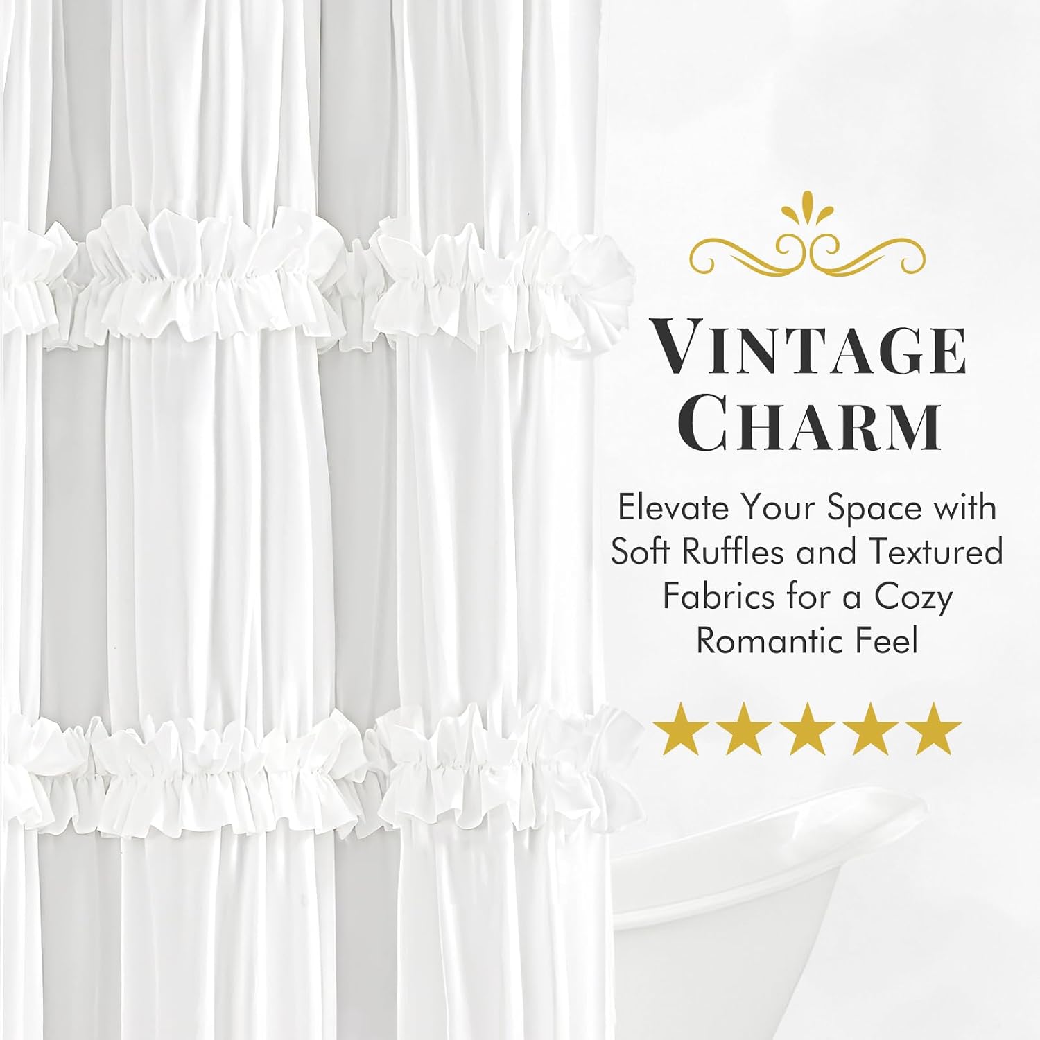 Aldernest Boho Rustic White Ruffle Shower Curtain 72x72 Inches, 13.6 ounces