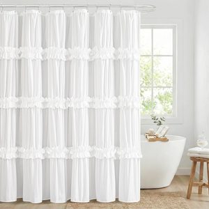 Aldernest Boho Rustic White Ruffle Shower Curtain 72x72 Inches, 13.6 ounces