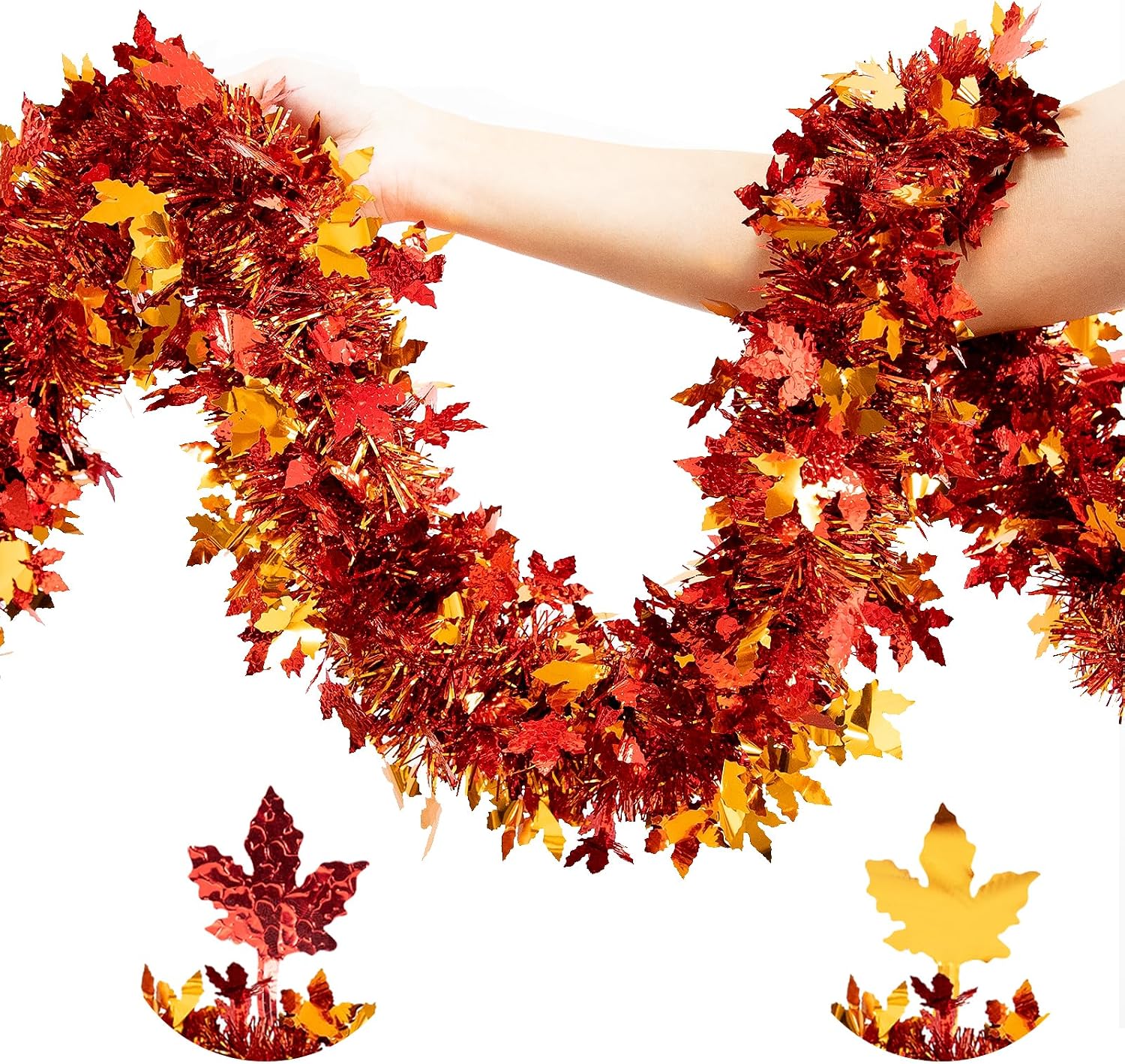 Ashenby 50FT Fall Tinsel Garland with Maple Leaf - Shiny Metallic Thanksgiving Garland for Mantle, Tree, Doorway