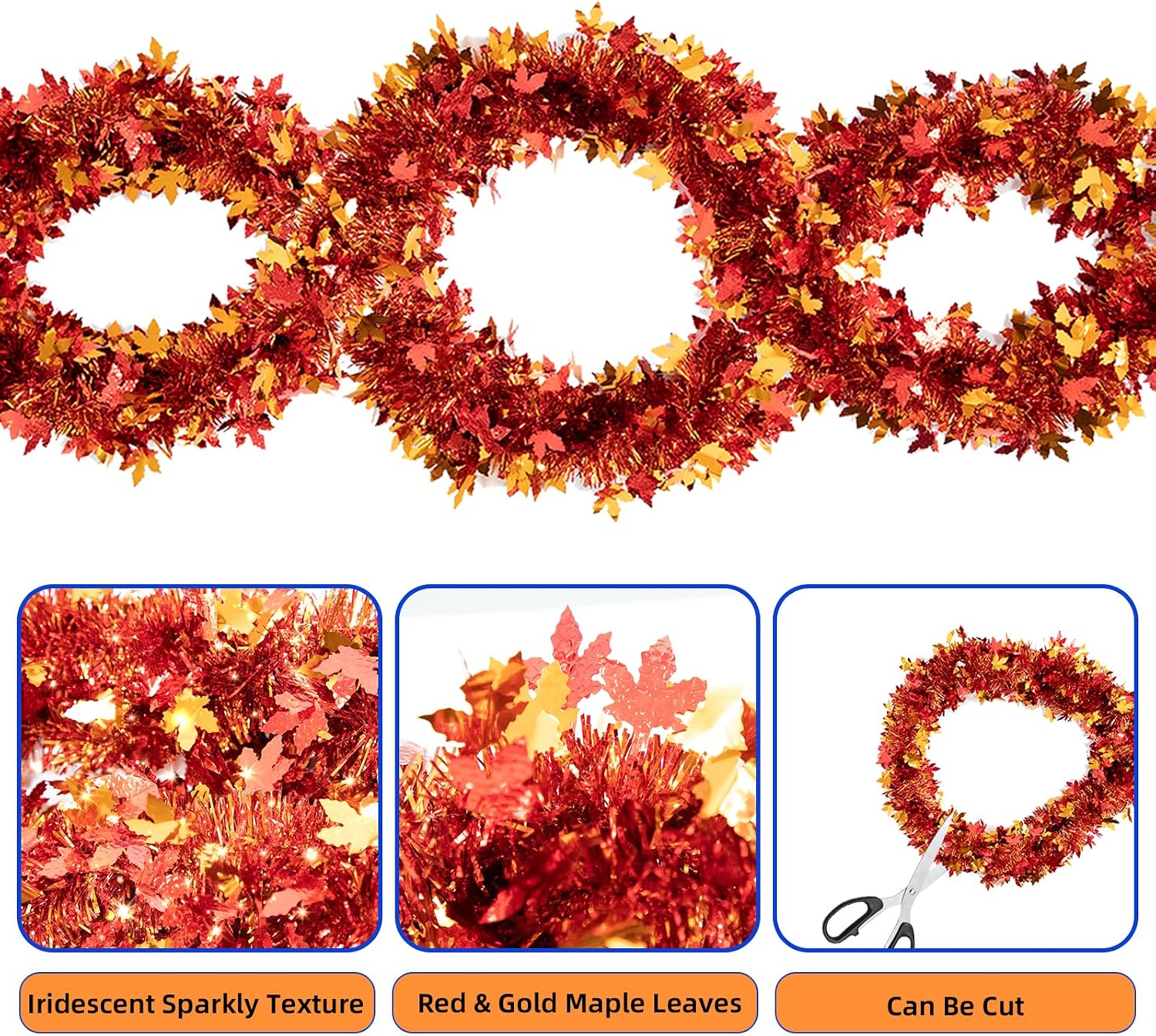 Ashenby 50FT Fall Tinsel Garland with Maple Leaf - Shiny Metallic Thanksgiving Garland for Mantle, Tree, Doorway
