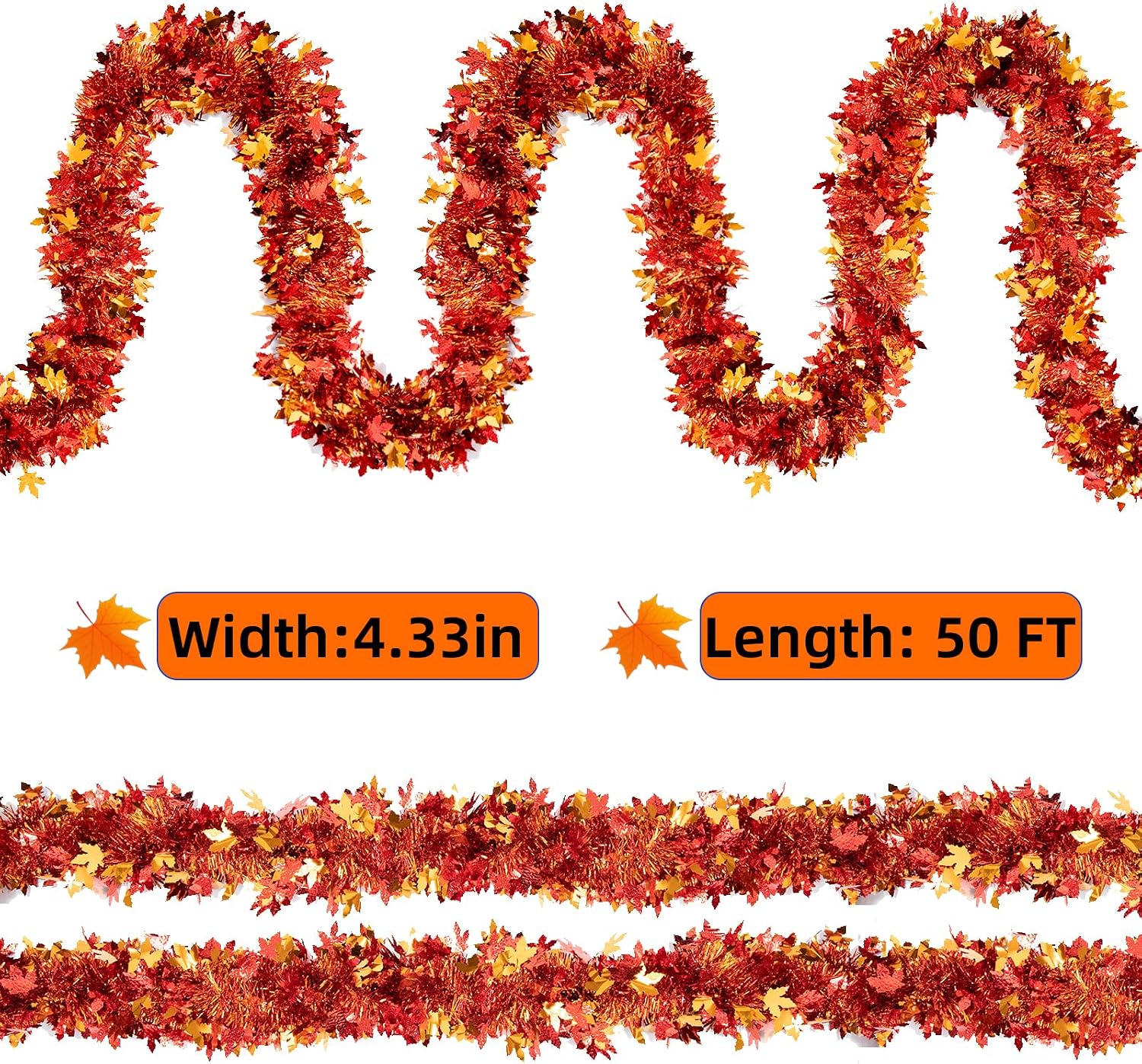 Ashenby 50FT Fall Tinsel Garland with Maple Leaf - Shiny Metallic Thanksgiving Garland for Mantle, Tree, Doorway
