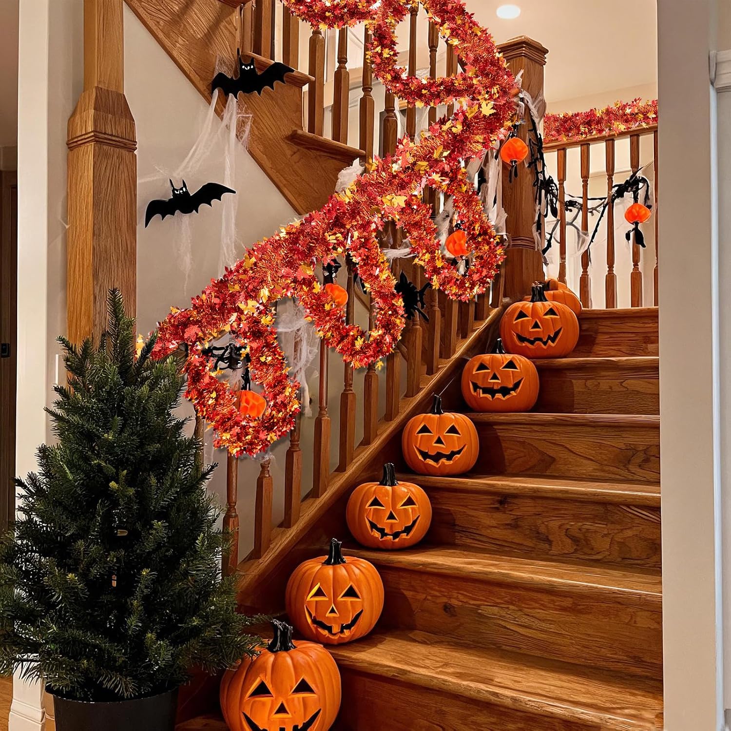 Ashenby 50FT Fall Tinsel Garland with Maple Leaf - Shiny Metallic Thanksgiving Garland for Mantle, Tree, Doorway