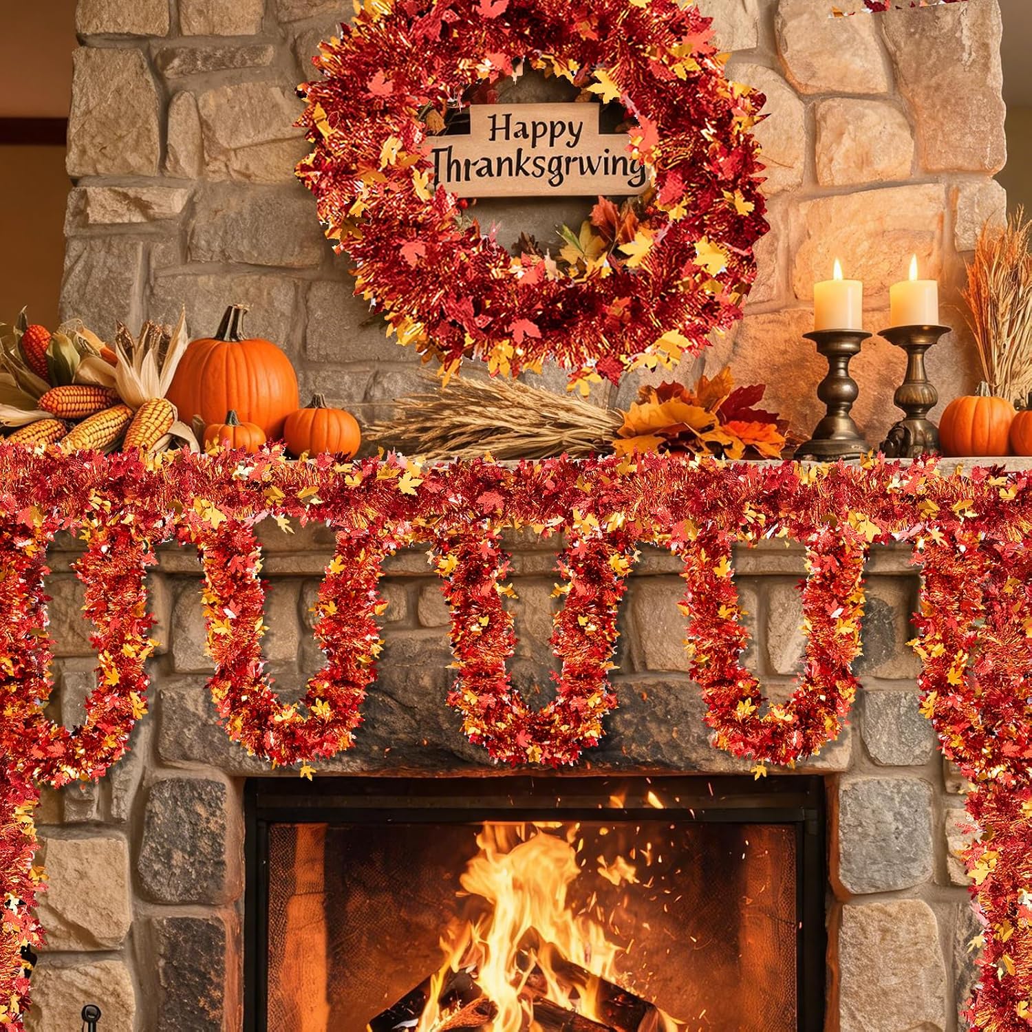 Ashenby 50FT Fall Tinsel Garland with Maple Leaf - Shiny Metallic Thanksgiving Garland for Mantle, Tree, Doorway