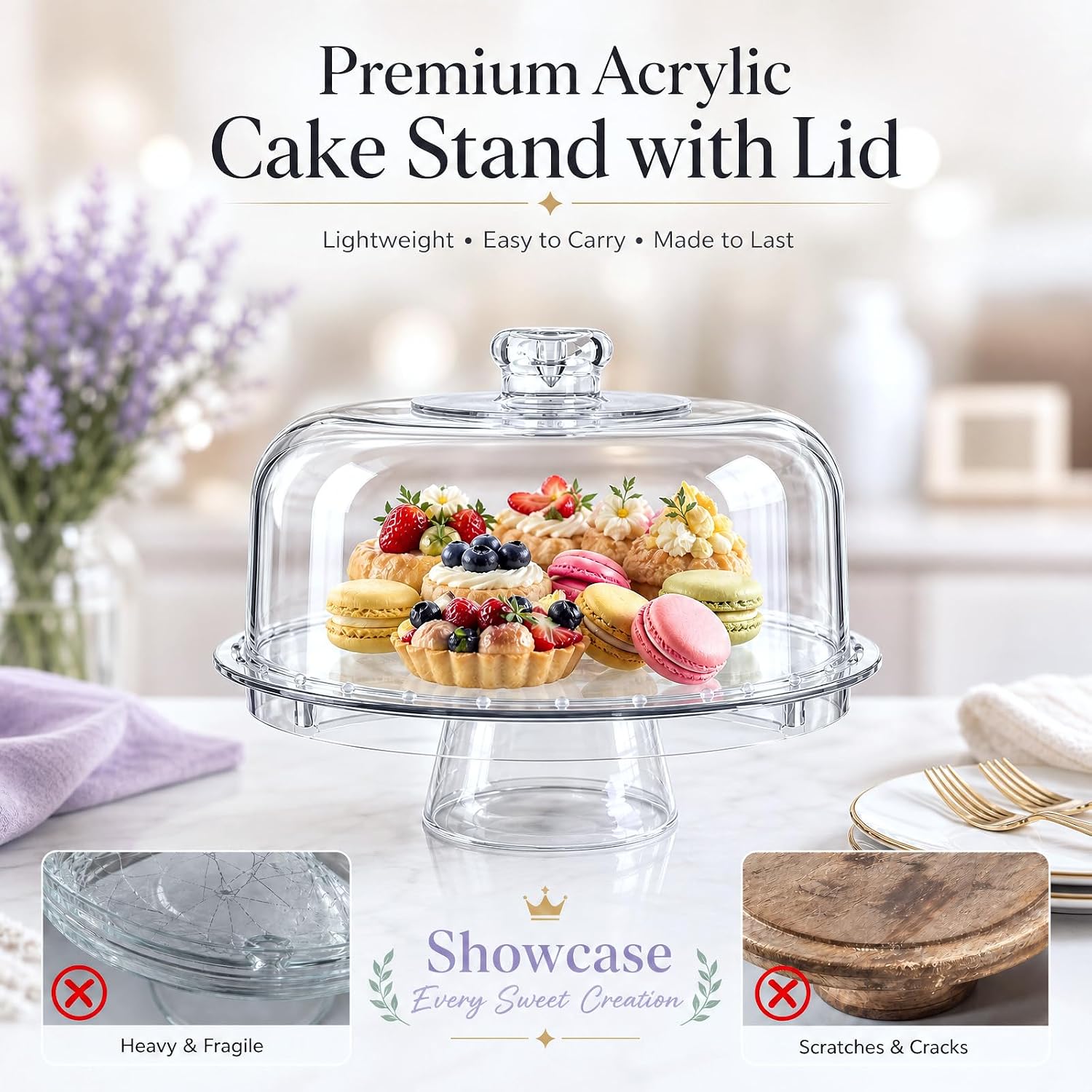 Aldernest 12 Inch Clear Acrylic Cake Stand With Lid, Versatile Reversible Design, 1.8 pounds