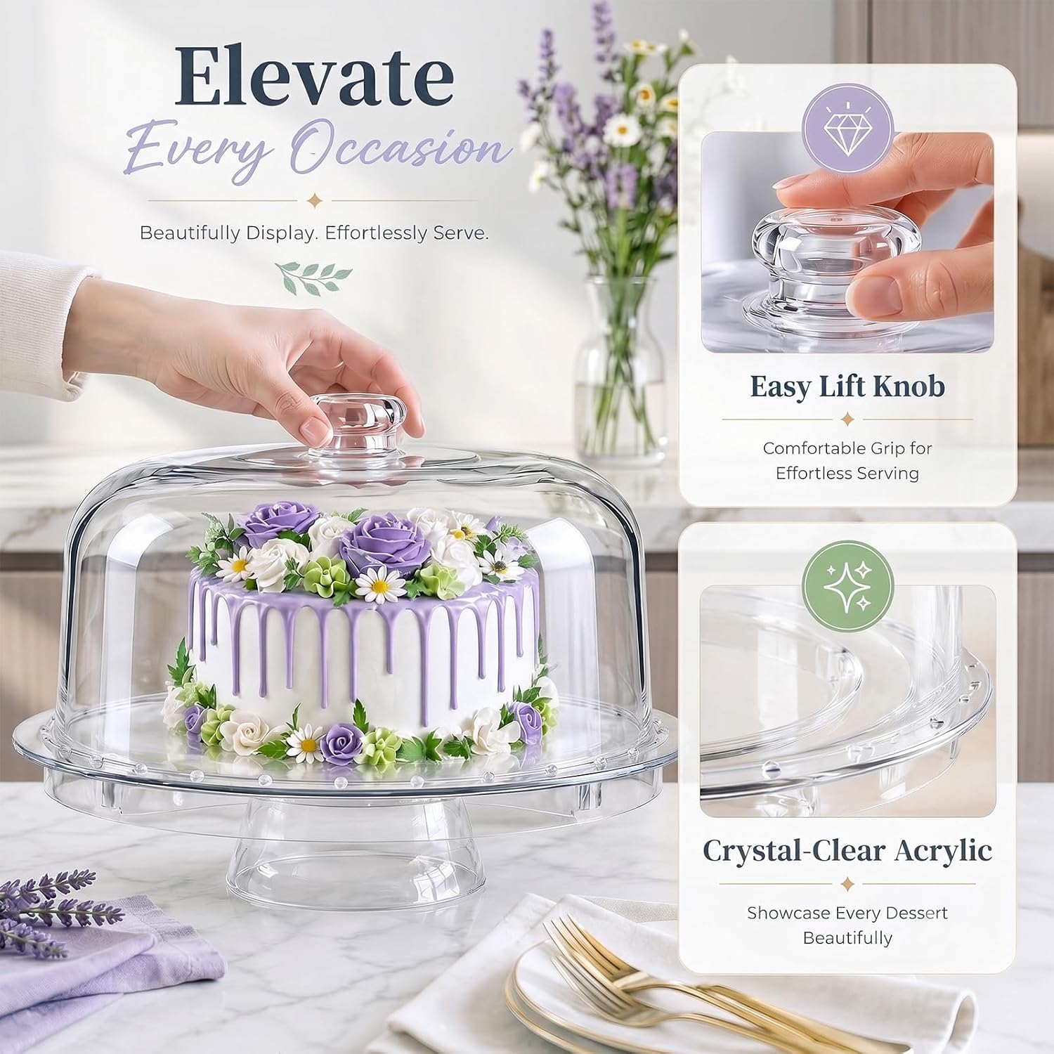 Aldernest 12 Inch Clear Acrylic Cake Stand With Lid, Versatile Reversible Design, 1.8 pounds
