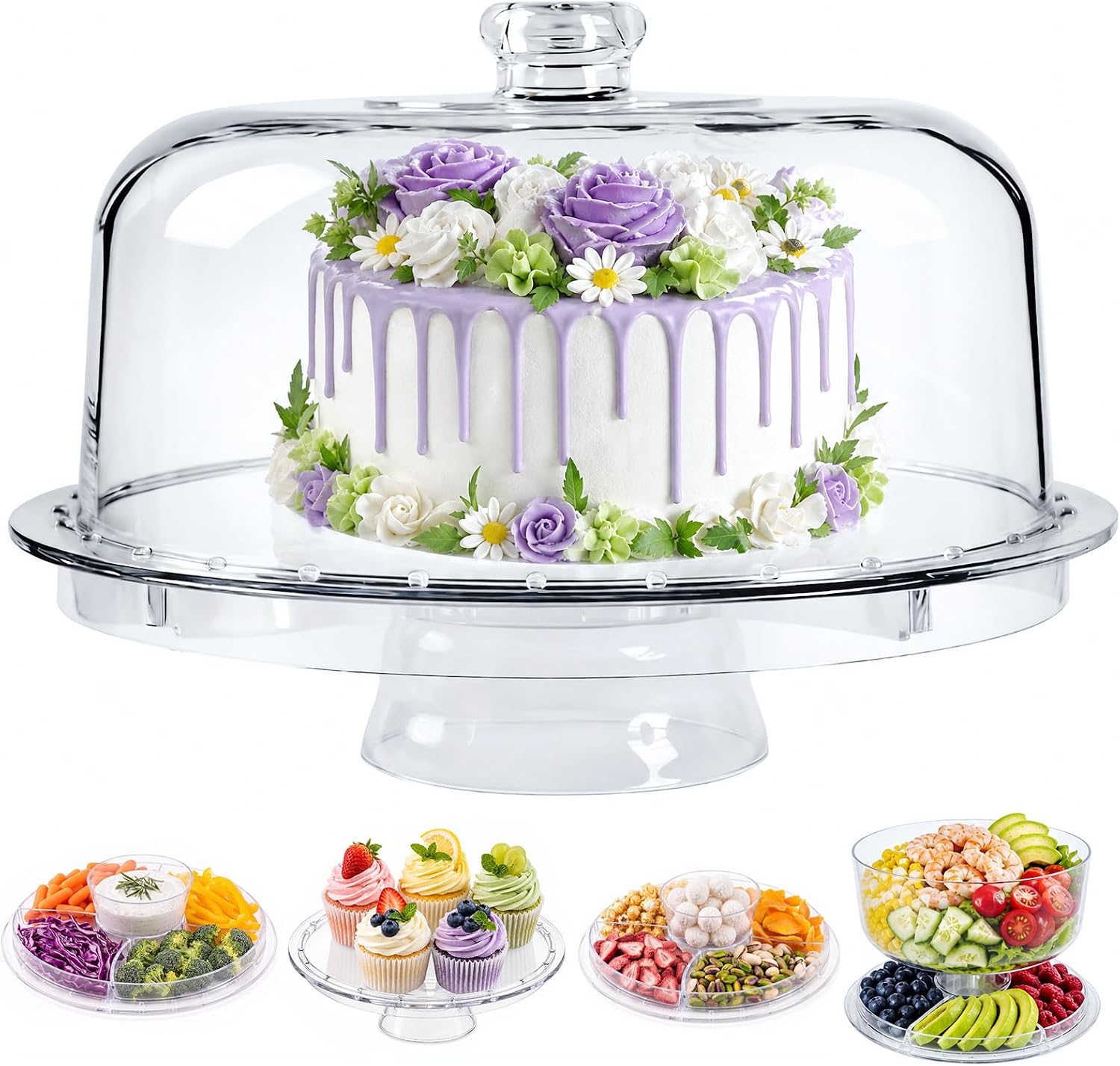 Aldernest 12 Inch Clear Acrylic Cake Stand With Lid, Versatile Reversible Design, 1.8 pounds