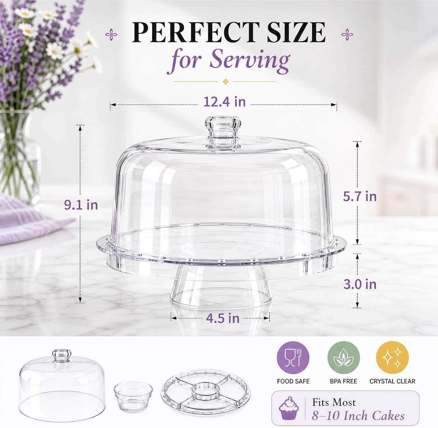 Aldernest 12 Inch Clear Acrylic Cake Stand With Lid, Versatile Reversible Design, 1.8 pounds