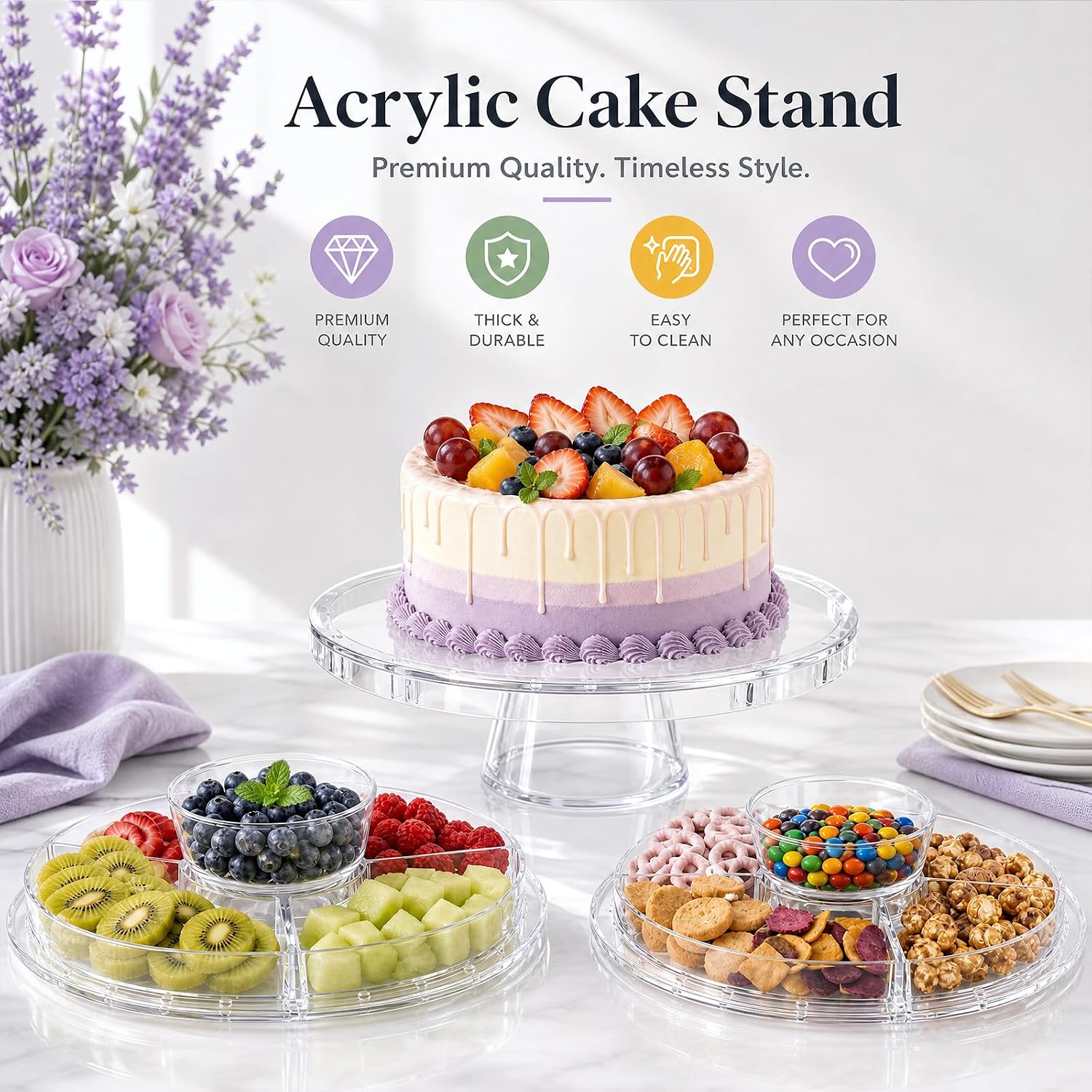 Aldernest 12 Inch Clear Acrylic Cake Stand With Lid, Versatile Reversible Design, 1.8 pounds