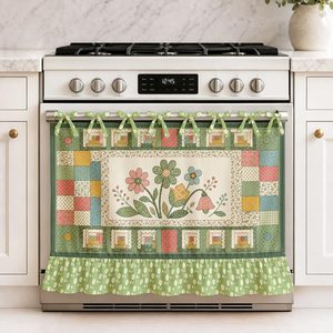 VelloHome Cottagecore Floral Oven Skirt Curtain Vintage Green Sage Daisy Flower Farmhouse Tie Top Oven Curtain for Door Decorative Stove Cover Ribbon
