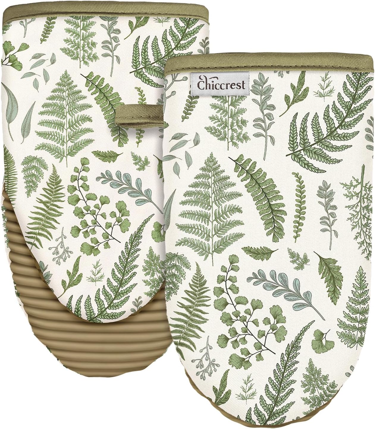 Ashenby 100% Thick Cotton Oven Mitts Ribbed Soft Silicone Natural Leaf, Green Leaf, 2 Count
