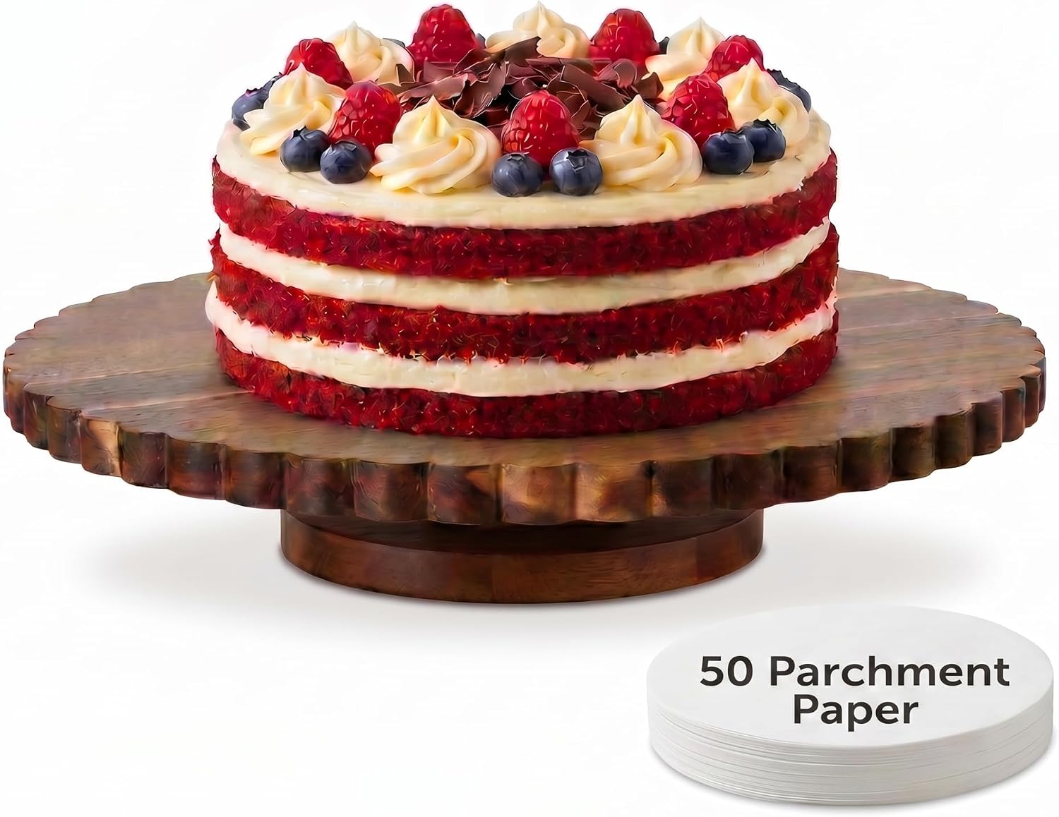 Aldernest 13 Inch Acacia Wood Cake Stand with Lazy Susan - Rotating Cake Turntable for Decorating, Scalloped Wooden Cake Spinner for Wedding