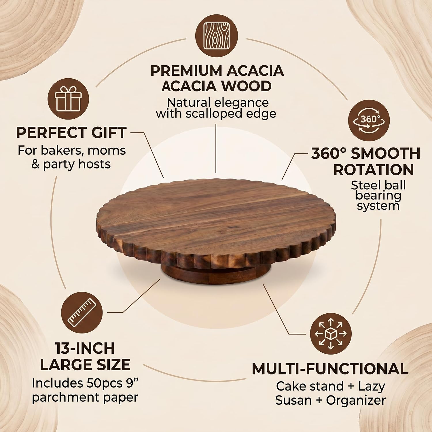 Aldernest 13 Inch Acacia Wood Cake Stand with Lazy Susan - Rotating Cake Turntable for Decorating, Scalloped Wooden Cake Spinner for Wedding