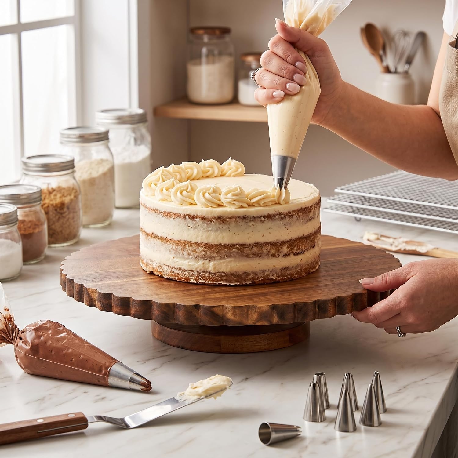 Aldernest 13 Inch Acacia Wood Cake Stand with Lazy Susan - Rotating Cake Turntable for Decorating, Scalloped Wooden Cake Spinner for Wedding