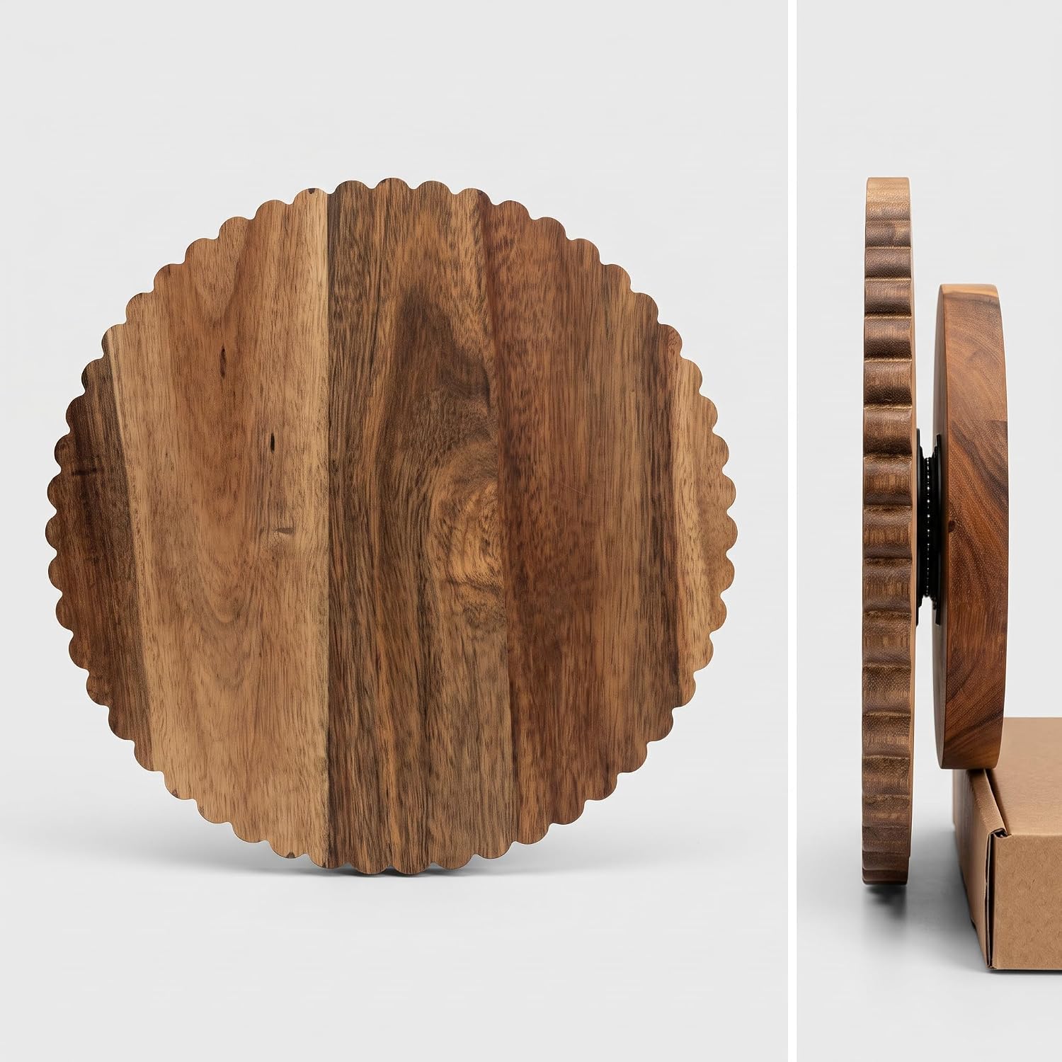 Aldernest 13 Inch Acacia Wood Cake Stand with Lazy Susan - Rotating Cake Turntable for Decorating, Scalloped Wooden Cake Spinner for Wedding