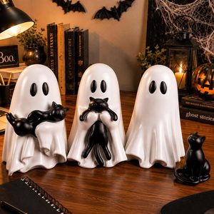 Aldernest 4 Pcs Large Halloween Ghost Cat Table Decor, 6" Cute Figurines, Black