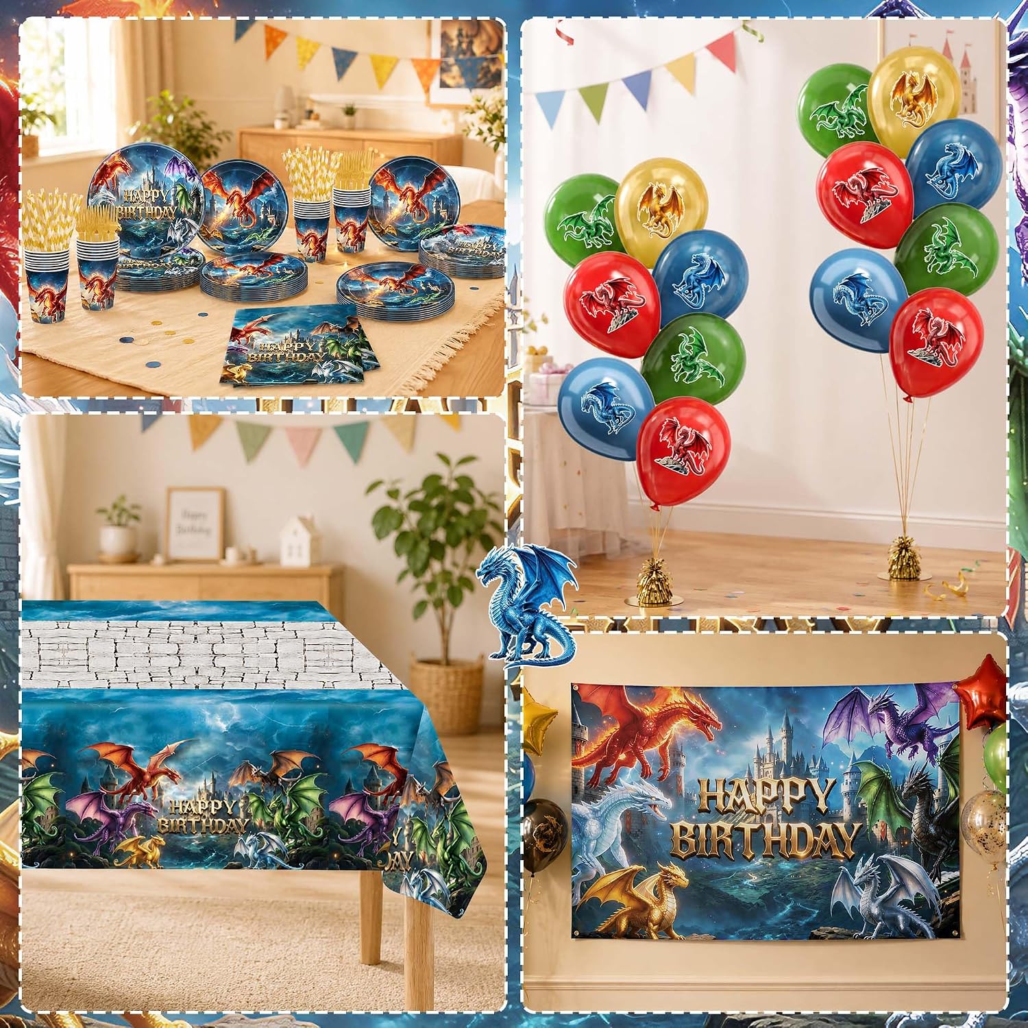 Tanglewick Dragon Birthday Party Decorations, Dragon Party Supplies Kit Serves 20, Blue