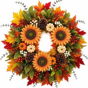 Birchmont 28inch Sunflower Harvest Wreath for Front Door, Fall Wreath with Pumpkins, Caramel